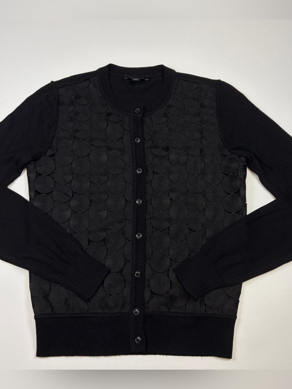 ANN TAYLOR BLACK EMBROIDERED CIRCLE MIXED MEDIA CARDIGAN SWEATER SIZE XS